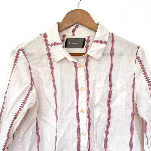 Reformation Relaxed Linen White and Red Striped Button Down Shirt Sz L - Picture 4 of 16